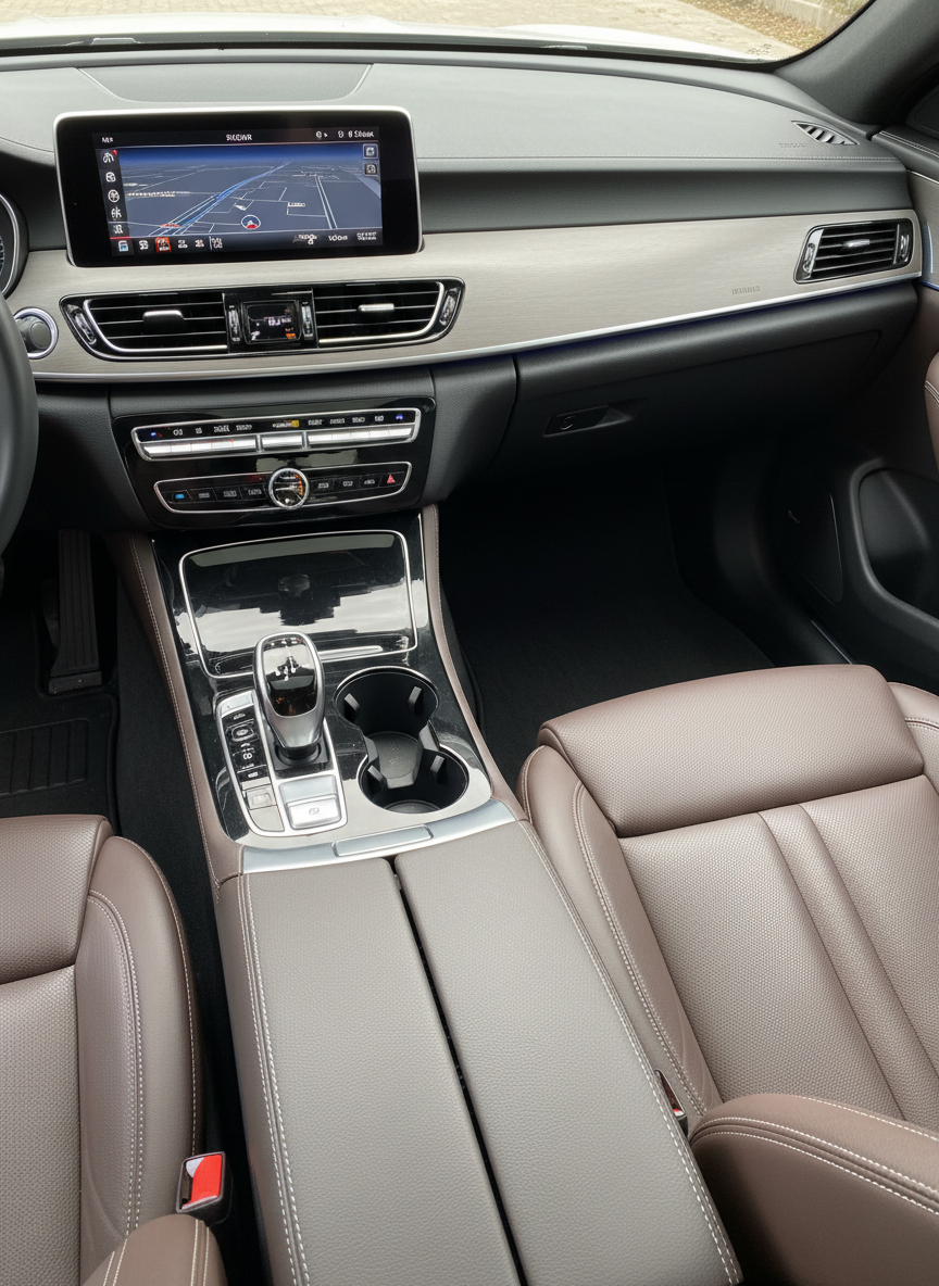The interior of a freshly detailed premium car, focusing on the immaculate dashboard and center console. The matte black trim, brushed aluminum accents, and touchscreen display are spotless, with no dust or fingerprints visible. The leather seats in the foreground appear conditioned and supple, with precise stitching and a rich, dark tone. Soft, natural daylight filters in through the windows, gently illuminating surfaces without harsh glare, creating a refined, comfortable atmosphere. Photographic realism from a slightly elevated angle over the center console, with a balanced depth of field that keeps both the front dashboard and mid-cabin in clear focus, conveying professionalism, care, and attention to interior detailing.