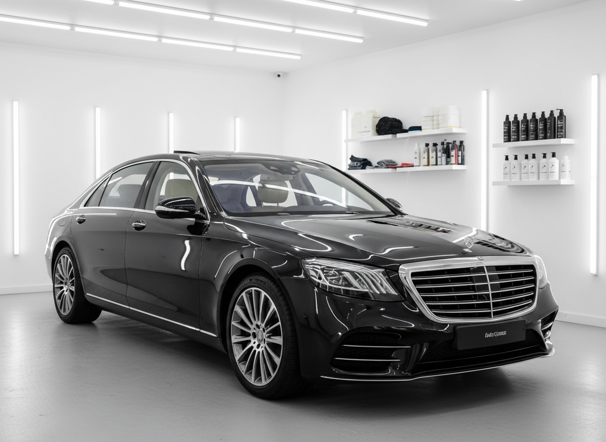 Eine frisch aufbereitete, tiefschwarze Luxuslimousine mit makellosem, spiegelndem Lack, die in einer makellos sauberen, modernen Garage steht. Jede Oberfläche des Fahrzeugs – von den Chromleisten bis zu den Scheiben – spiegelt die weißen Wände und ordentlich sortierten Regale mit hochwertigen Pflegeprodukten im Hintergrund wider. Kühle, gleichmäßige LED-Beleuchtung von oben erzeugt klare Reflexionen entlang der Karosserielinien und subtile Schatten auf dem Boden, was das perfekte Finish betont. Aufgenommen auf Augenhöhe aus einer vorderen Dreiviertel-Perspektive in fotografischem Realismus und durchgehend scharf fokussiert. Die Bildwirkung ist professionell, präzise und vertrauenswürdig – ideal für einen hochwertigen Autopflegebetrieb in einer europäischen Großstadt.