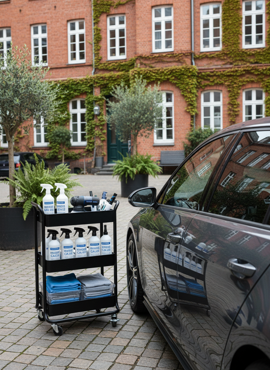 A tidy mobile detailing setup arranged beside a dark grey hatchback parked in a clean, urban courtyard, suggesting flexible service within Hamburg. A compact, well-organized detailing cart holds labeled spray bottles, neatly folded microfiber towels in blue and grey, and a small dual-action polisher. The car’s side panel reflects surrounding brick buildings and greenery, indicating a residential environment. Soft overcast daylight provides even, shadow-free illumination, emphasizing clarity and professionalism. Photographic realism from a slightly elevated three-quarter angle, with moderate depth of field that keeps both the car and equipment sharp. The overall mood is reliable, convenient, and professional, highlighting time-flexible, on-location car detailing services.