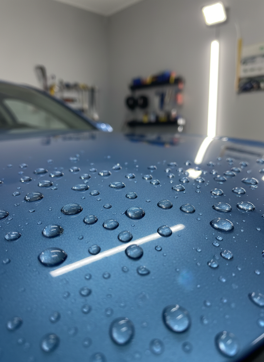 A close-up, highly detailed macro view of a metallic blue car hood showing perfect water beading after a premium ceramic coating. Each droplet is crystal clear and uniformly rounded, sitting on the slick surface without streaks. The blurred background reveals hints of an organized detailing studio with muted grey tones and subtle reflections of tools on the wall. Neutral, diffused studio lighting from above highlights the curvature of the hood and the depth of the paint, creating a calm, technical, and professional atmosphere. Photographic realism with shallow depth of field keeps the emphasis on the water beads, symbolizing protection, quality, and long-lasting results.