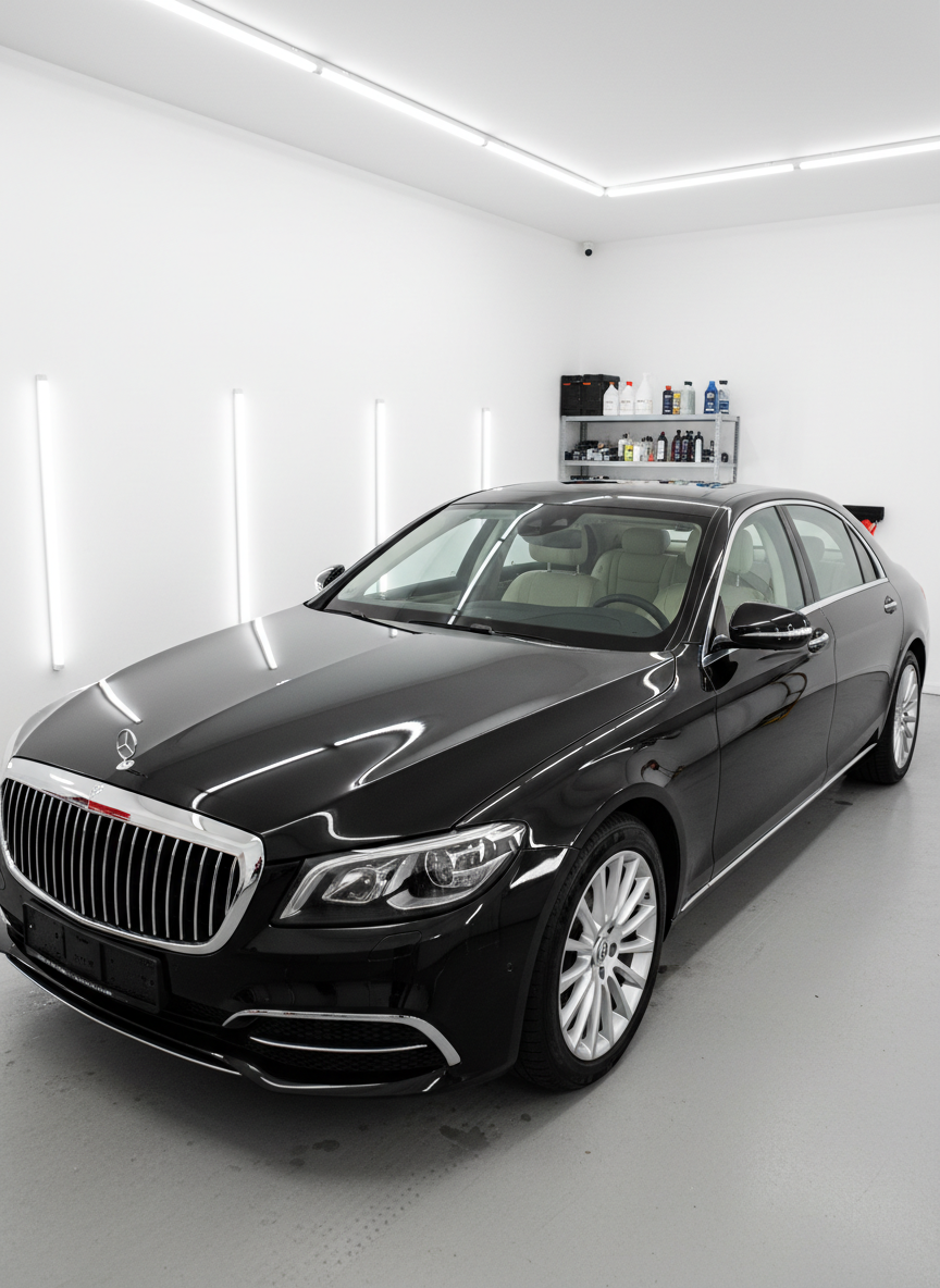 A freshly detailed, deep black luxury sedan with flawless, mirror-like paintwork parked in a spotless, modern garage bay. Every surface of the car, from the chrome trim to the glass, reflects the clean white walls and neatly organized shelves of premium detailing products in the background. Cool, even overhead LED lighting creates crisp reflections along the body lines and subtle shadows on the floor, emphasizing the vehicle’s immaculate finish. Shot at eye level from the front three-quarter angle in photographic realism, with a sharp focus throughout, the composition feels professional, precise, and trustworthy, perfectly suited for a high-end car detailing business in an urban European city.