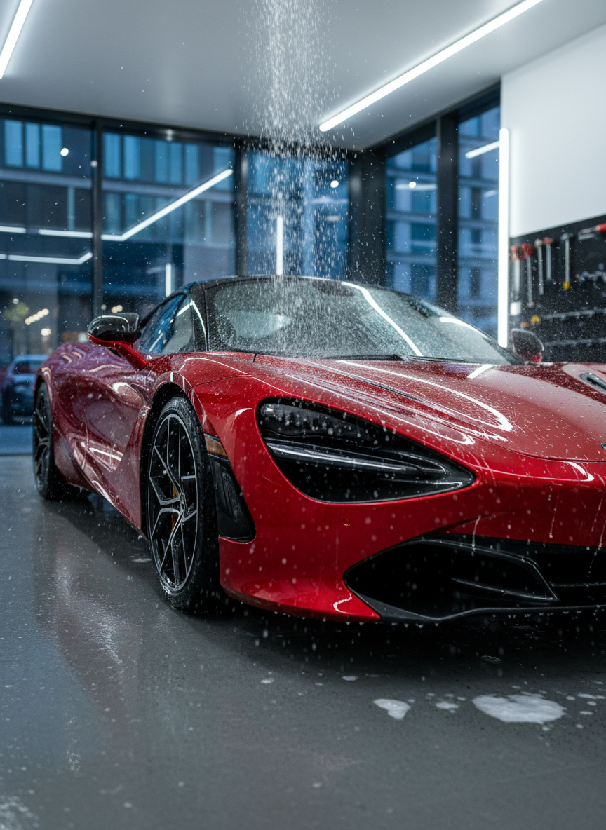 A dynamic low-angle shot of a glossy red sports car being rinsed with high-pressure water, captured just after a thorough foam pre-wash. The car stands on clean concrete flooring in a modern detailing bay, with subtle reflections of Hamburg’s urban architecture visible in the wet body panels. Bright, cool-toned LED strip lights along the ceiling accentuate the curves and contours of the car while the water cascades down in crisp, frozen droplets. The background remains slightly blurred to keep focus on the car’s surface. Photographic realism with a bold, energetic mood, conveying precision, care, and time-efficient professional service.