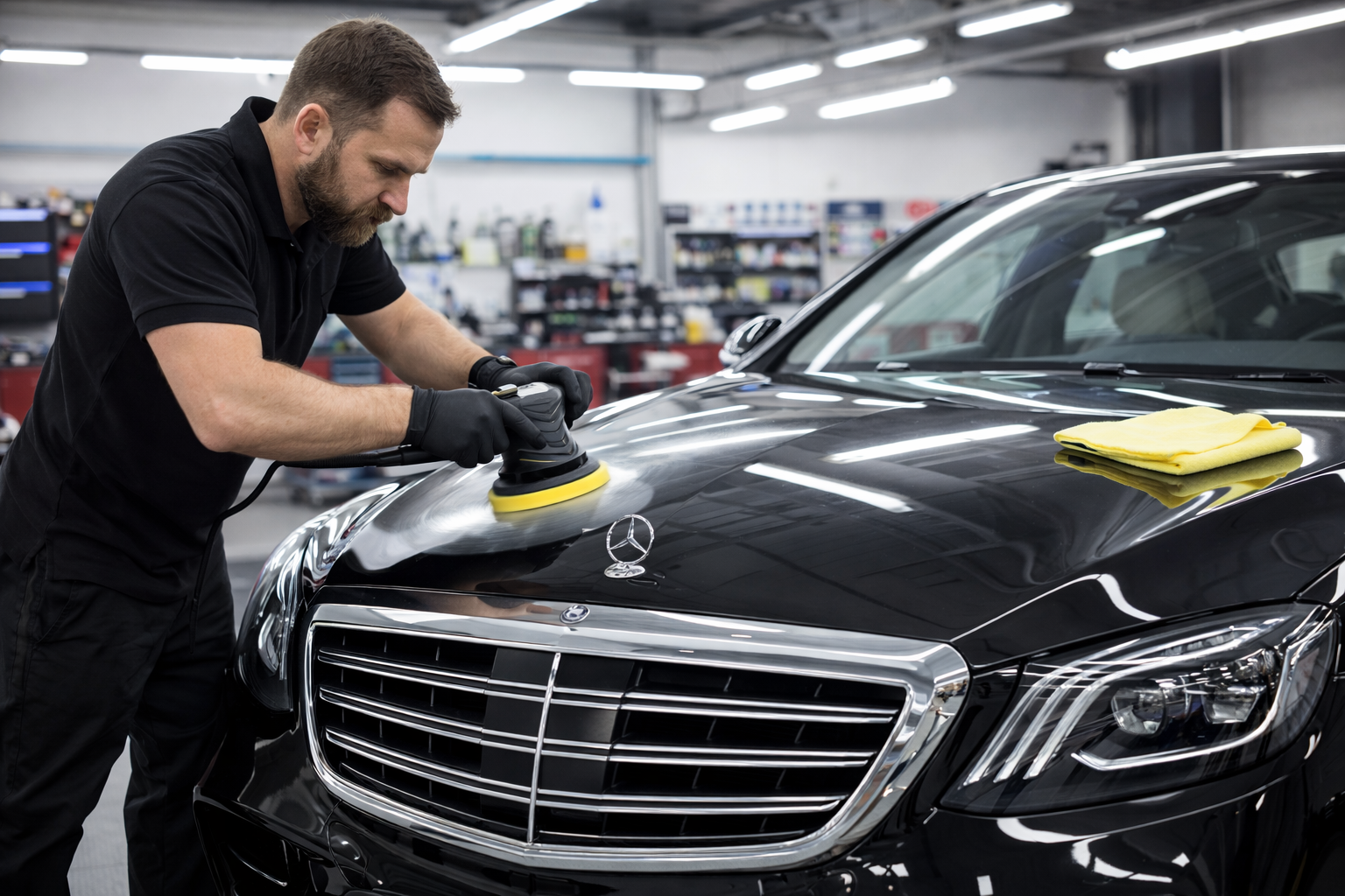 Technician polishing black Mercedes-Benz hood with a buffer machine