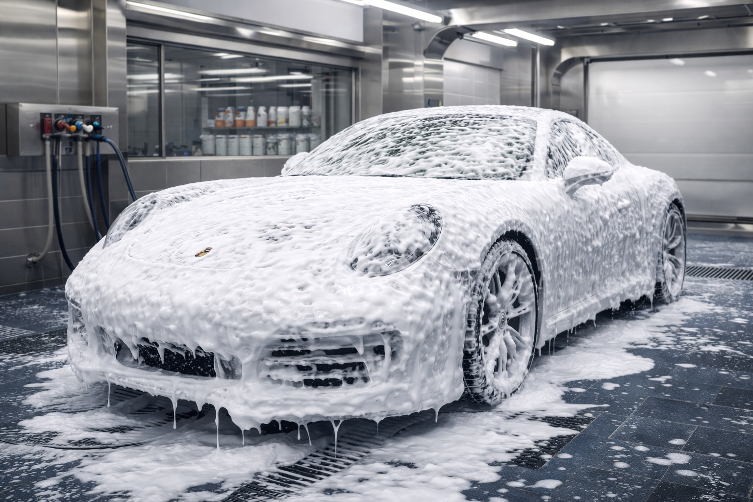 Porsche sports car covered in foam inside car wash bay