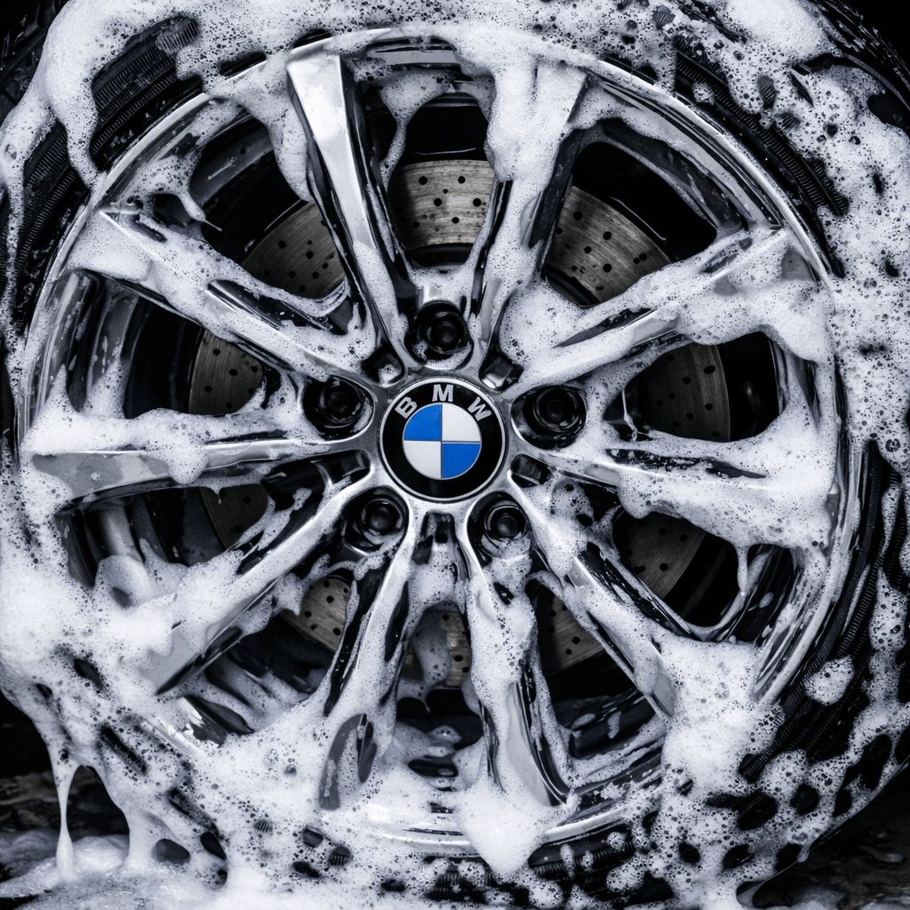 Car wheel rim covered with white soap foam during cleaning