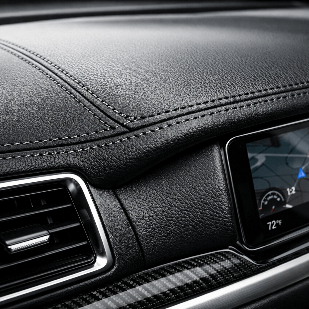 Black leather car dashboard with stitching, air vent, and digital display showing 72°F
